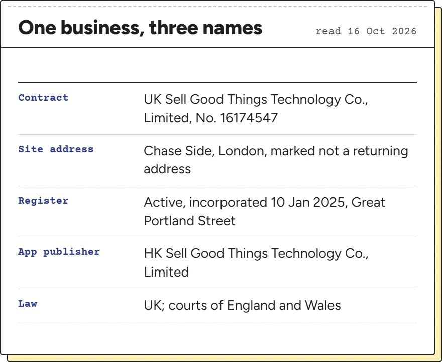 Card listing the three company names, with the document each appears on and its address
