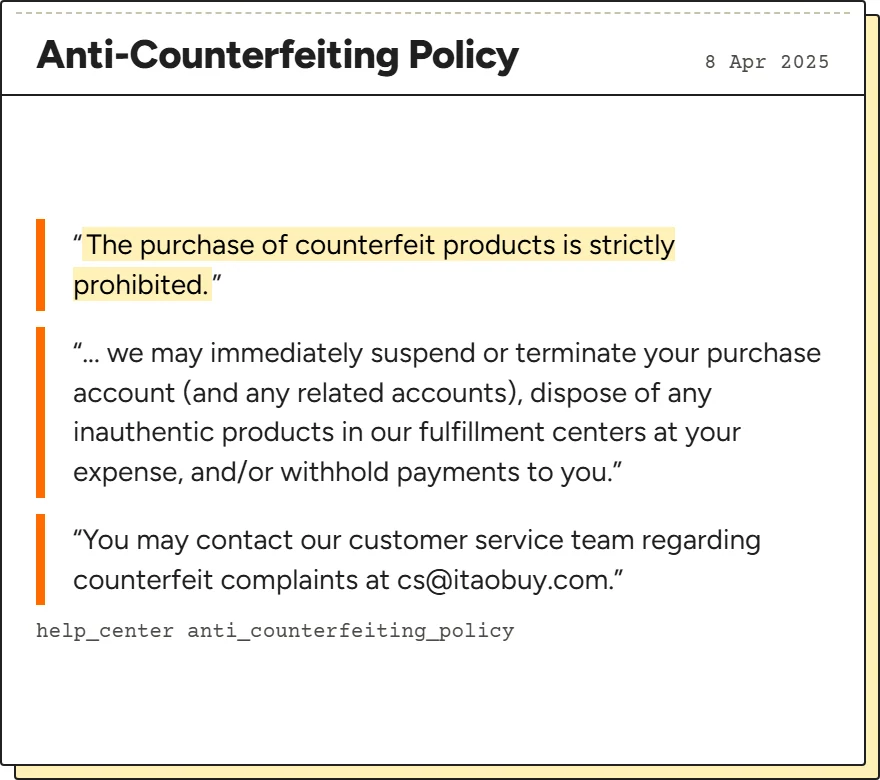 Quotation card with three extracts from iTaoBuy's Anti-Counterfeiting Policy