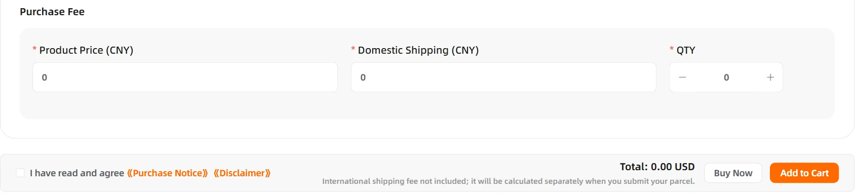 iTaoBuy Fill&Buy form, purchase fee block with Product Price, Domestic Shipping and QTY, and the agreement line with the total