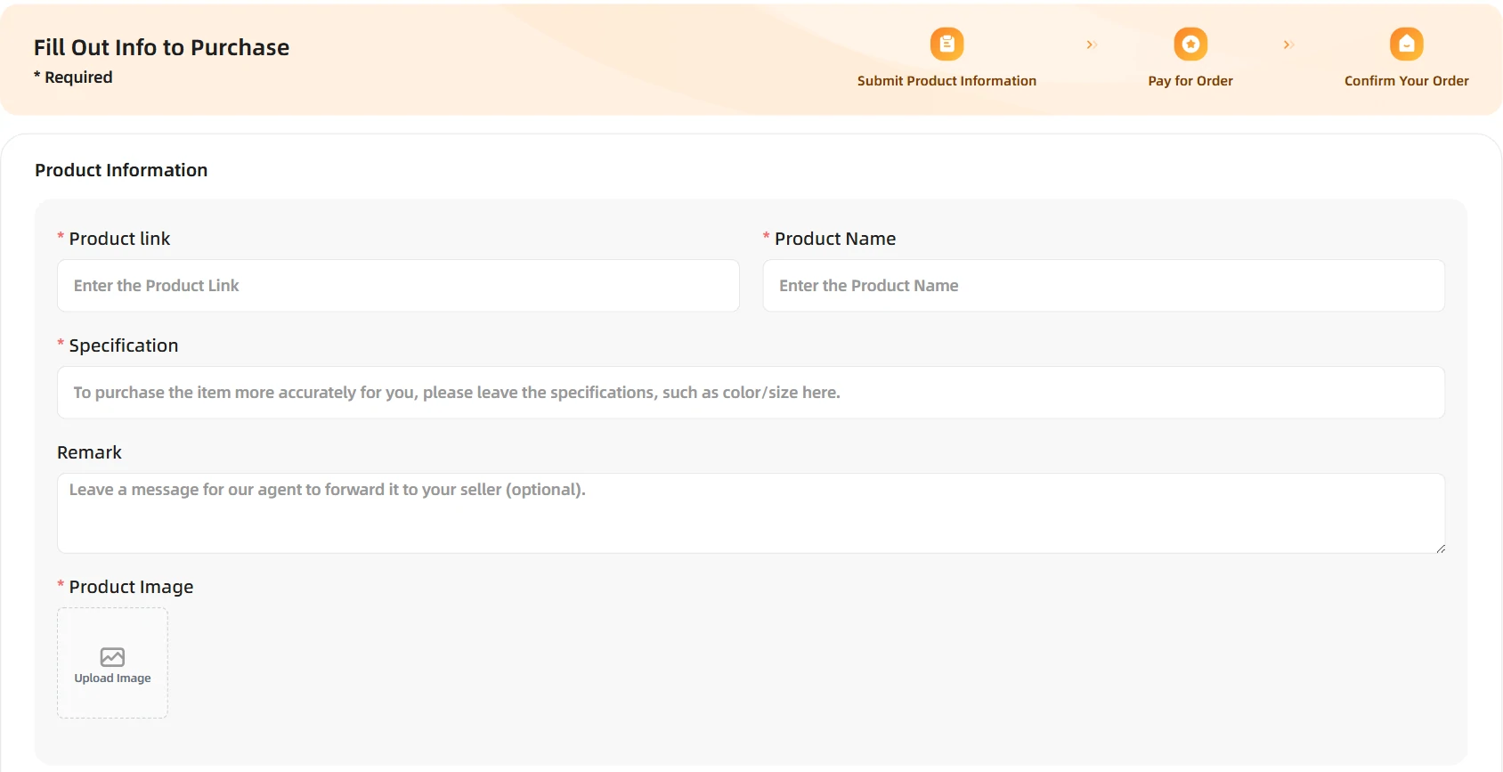 iTaoBuy Fill&Buy form, product information block: Product link, Product Name, Specification, Remark and Product Image upload
