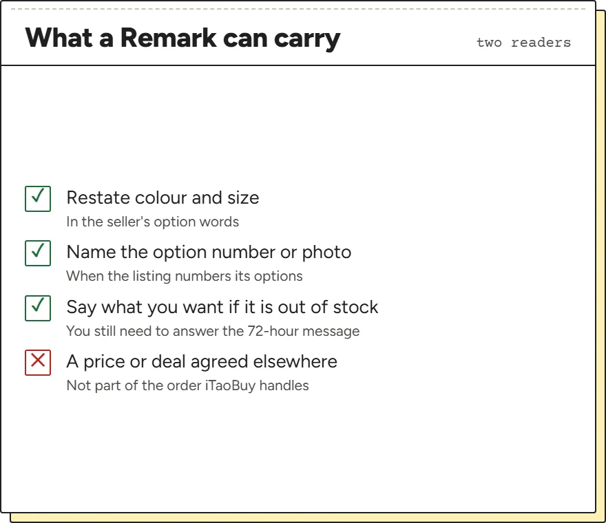 Card with three good uses of the Remark field and one to avoid