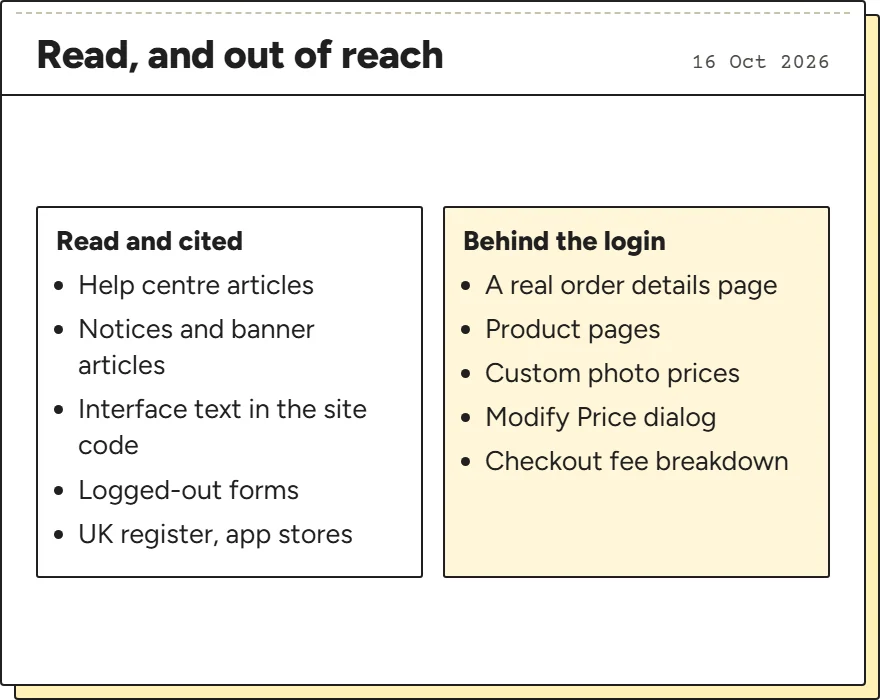 Two lists: sources used with their weight, and the pages that stayed behind the login