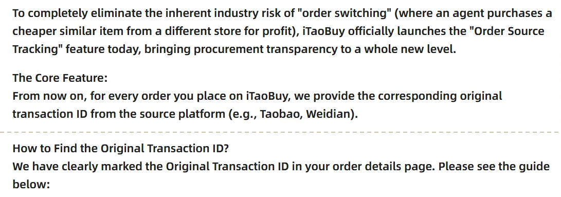 Cropped text of iTaoBuy's Order Source Tracking notice: the definition of order switching, the core feature and where to find the ID