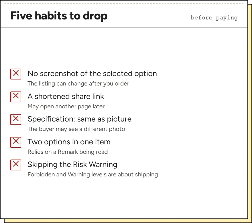 Checklist of five ordering mistakes to avoid, each marked with a cross