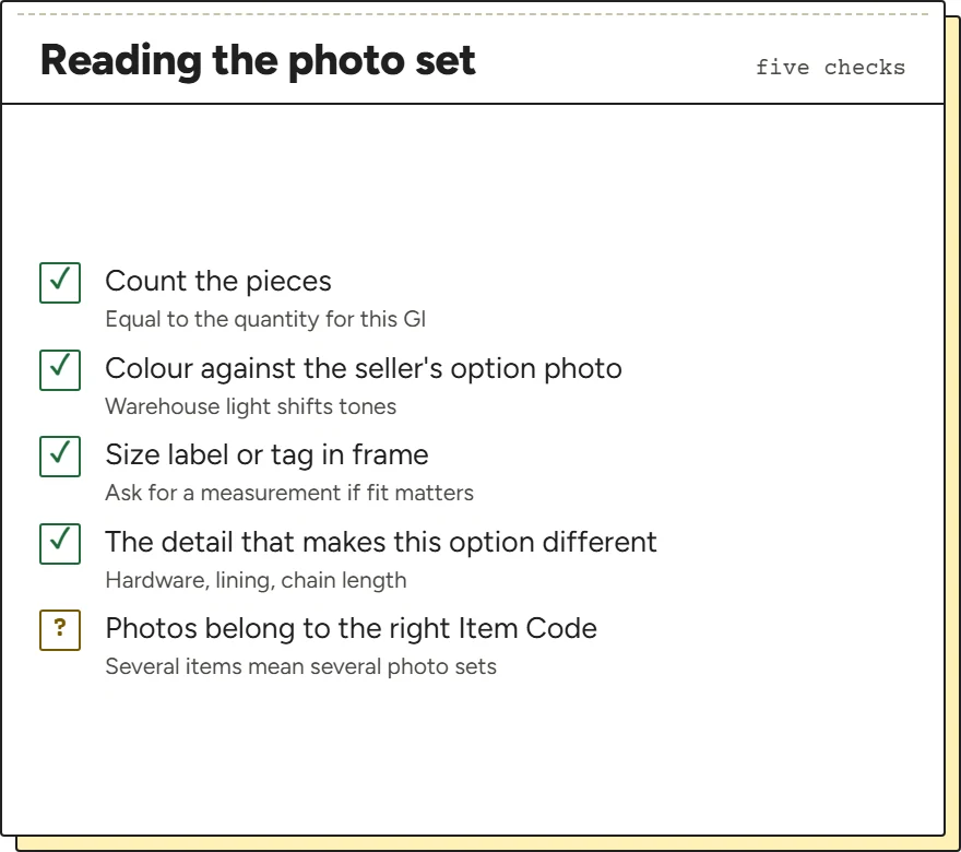 Checklist for reading warehouse photos: count, colour, size label, option details, and the matching Item Code