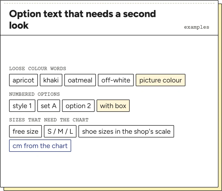 Groups of option labels that often cause confusion: loose colour words, numbered options and size scales