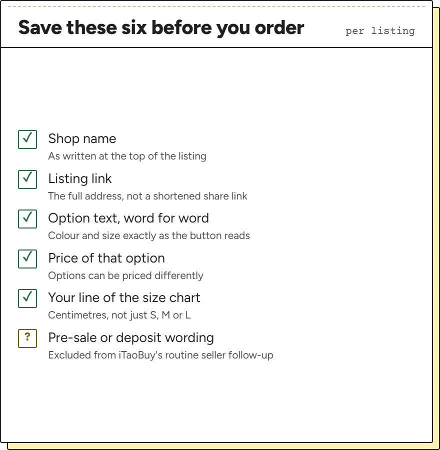 Checklist of six things to save from a listing before ordering